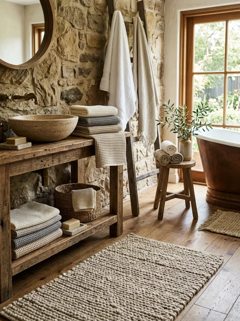 Waffle-weave towels and textured bath mats complementing wood and stone finishes.