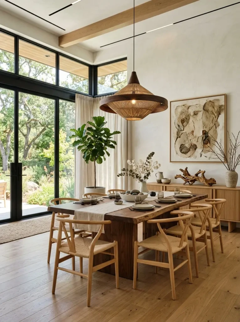 Sleek dining table paired with sculptural ceramics and natural branches.