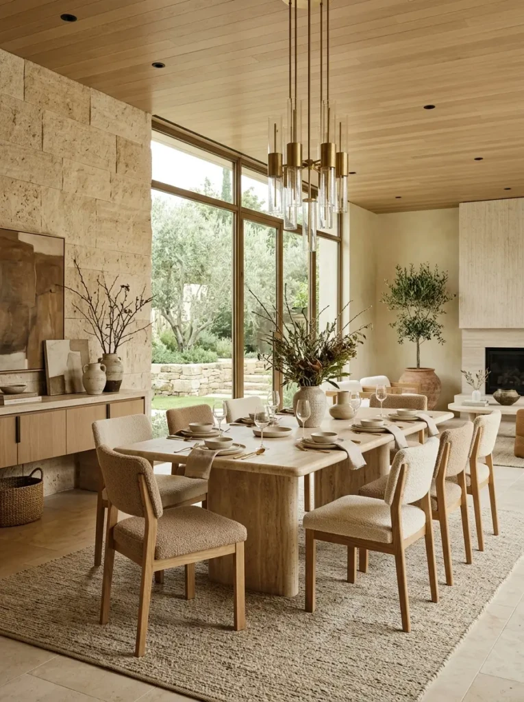 Travertine centerpiece and marble accessories displayed on a dining table.