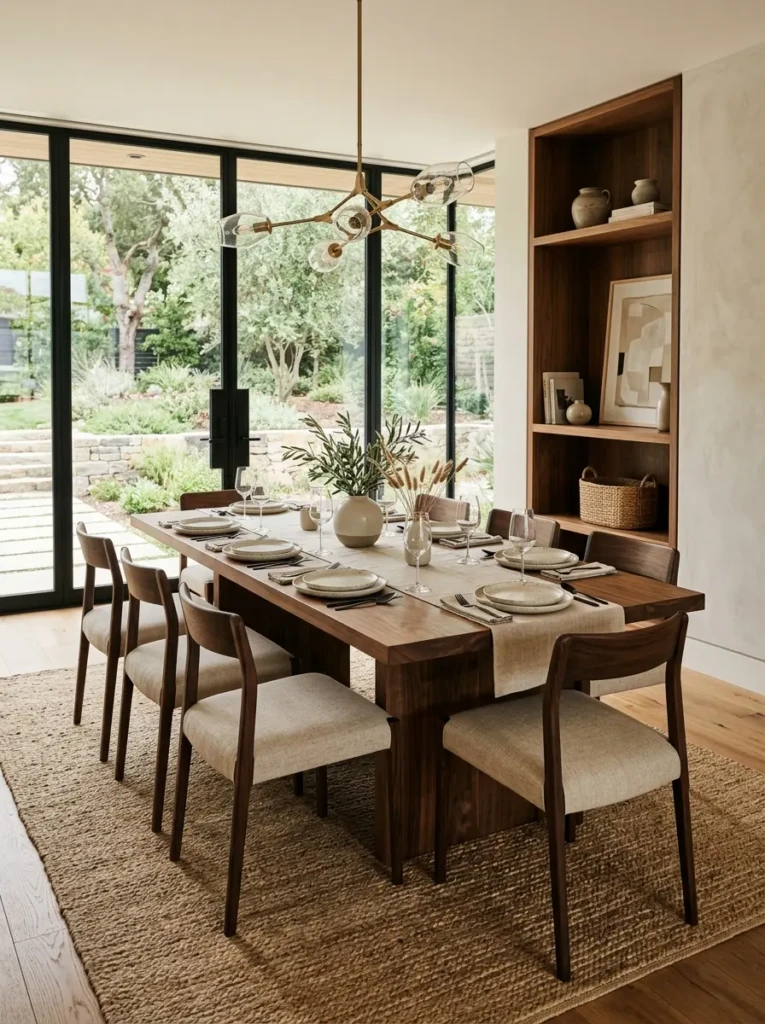 Large oak dining table with visible wood grain in a bright organic modern dining room.