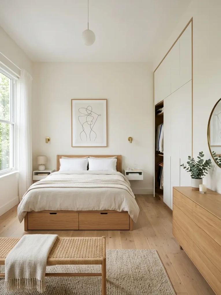 Clean and clutter-free bedroom featuring smart hidden storage and minimalist decor.