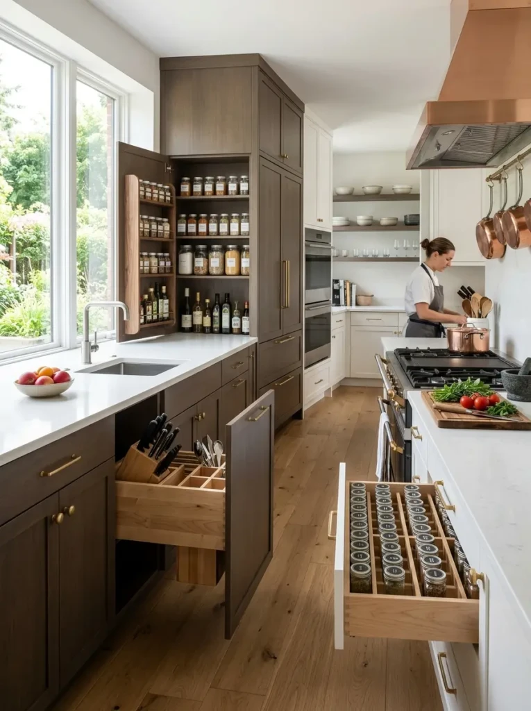 Modern chefs kitchen with pull-out drawers, hidden storage solutions, and clutter-free countertops.