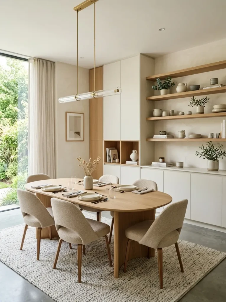 Minimalist dining area featuring floating shelves and integrated cabinetry