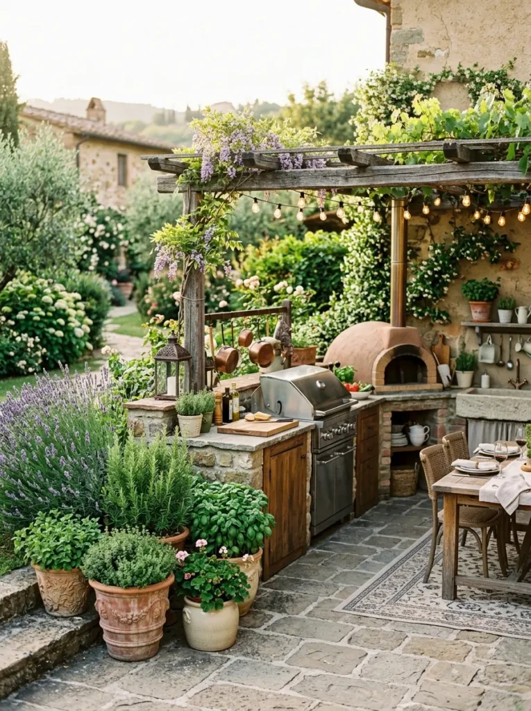 Elegant outdoor kitchen featuring herbs, olive trees, and beautiful landscaping.