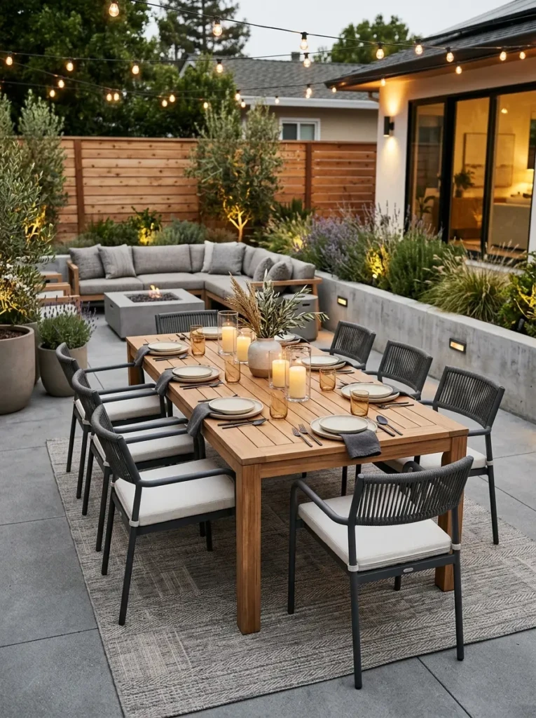 Modern outdoor dining corner with comfortable seating and warm ambiance.