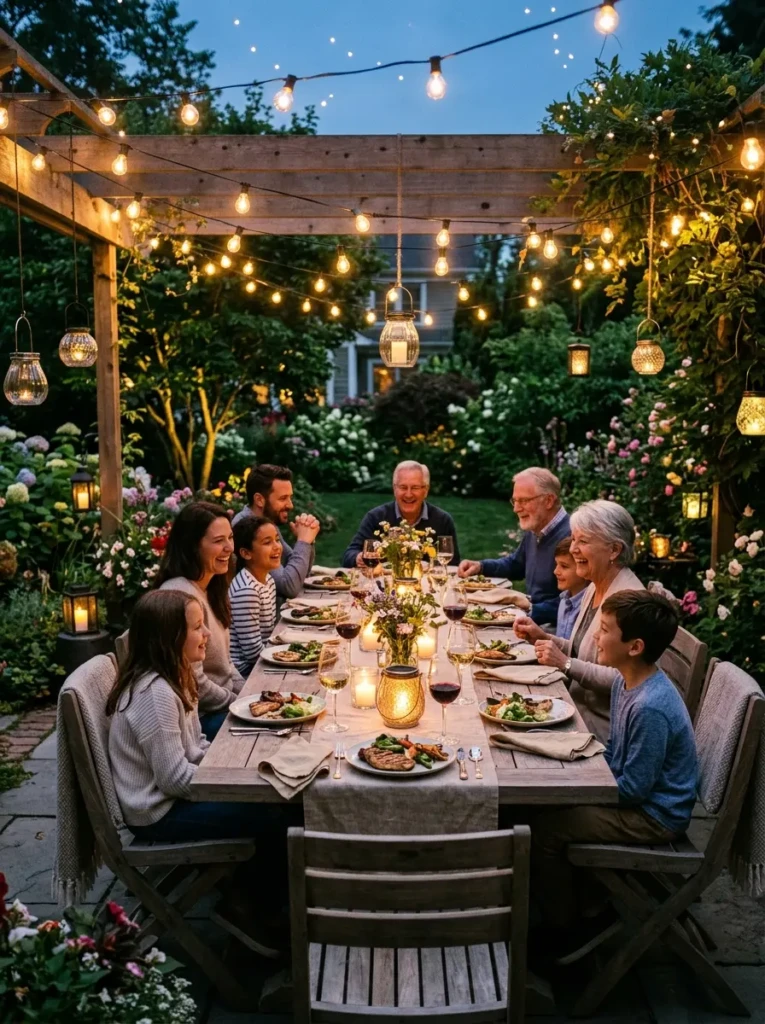 Outdoor dining table illuminated by solar lanterns and string lights, creating a warm and inviting atmosphere.