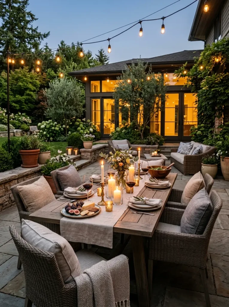Elegant outdoor entertaining space with cozy decorative accessories.