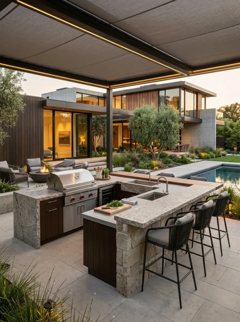 Luxury outdoor prep island with waterfall countertop and open entertaining layout.