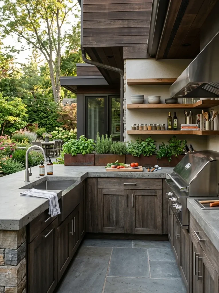Outdoor kitchen featuring organized prep space, grill, sink, and durable materials.