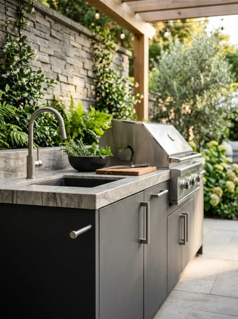 Close-up of premium outdoor kitchen materials designed for lasting beauty.