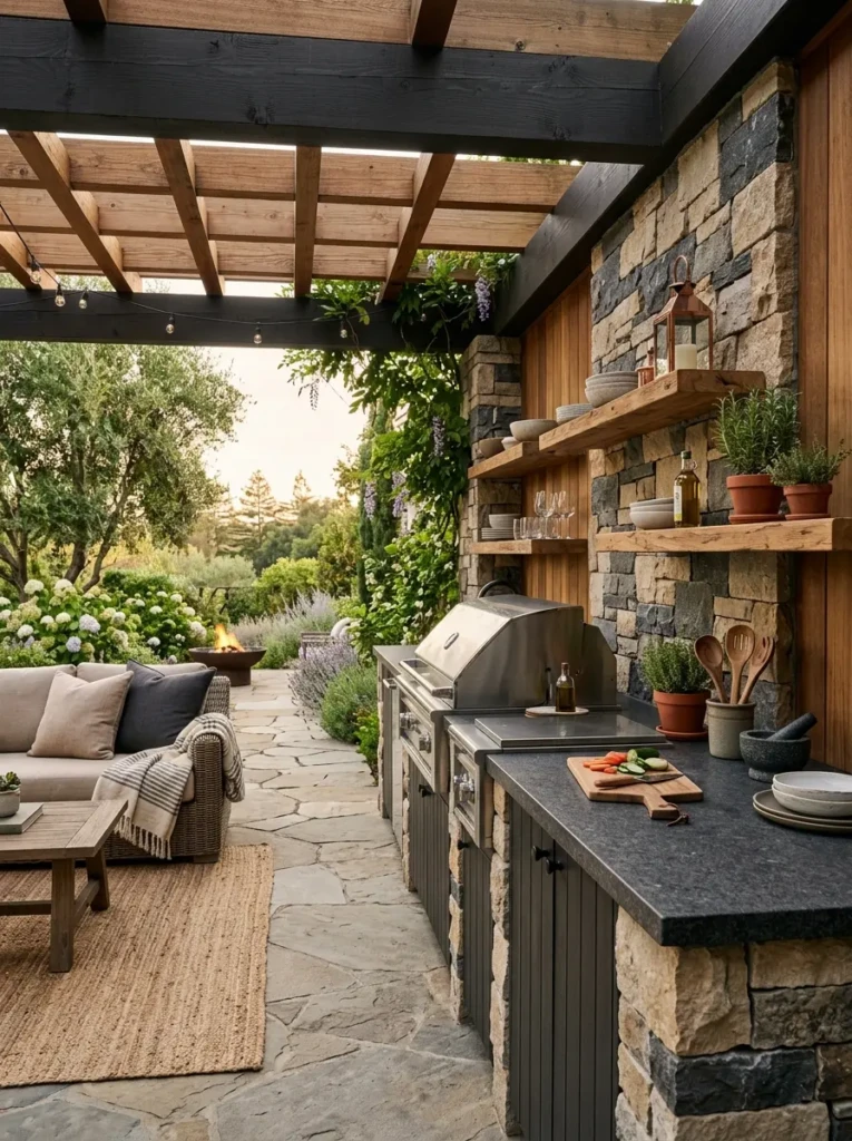Elegant outdoor kitchen featuring stone textures and beautiful wood shelving.