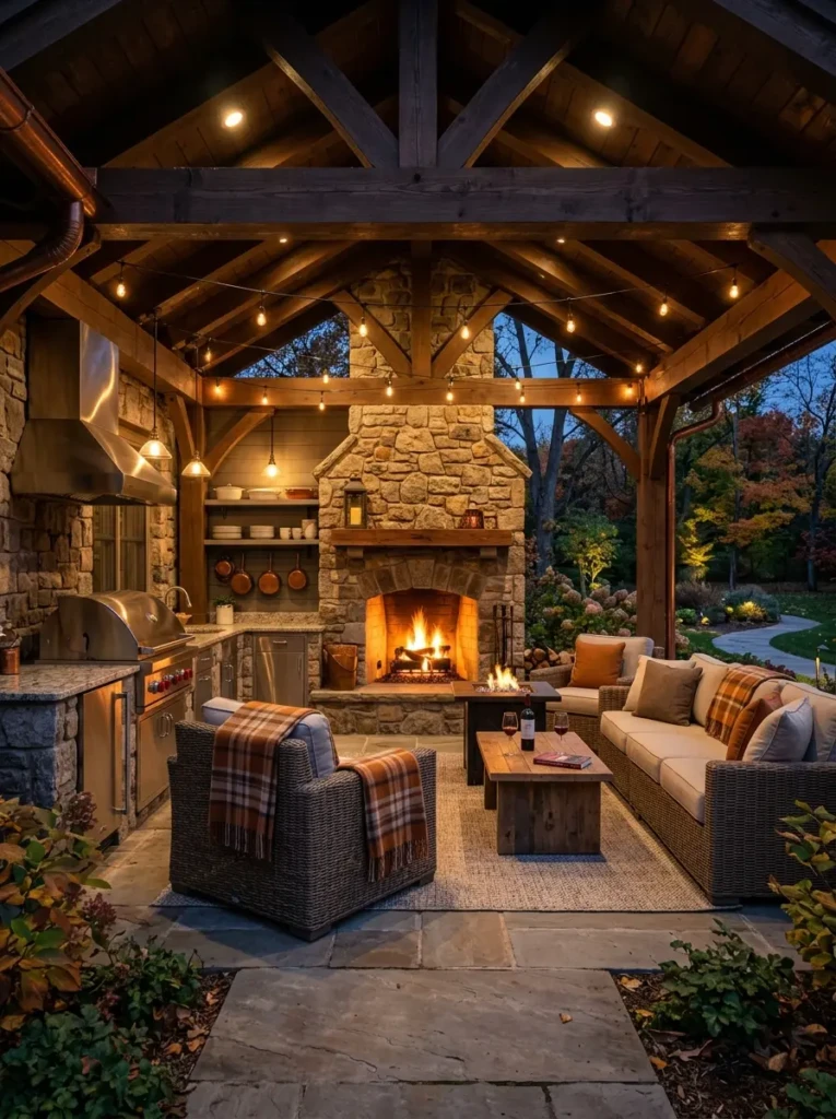 Covered outdoor kitchen with warm lighting and year-round entertaining space.
