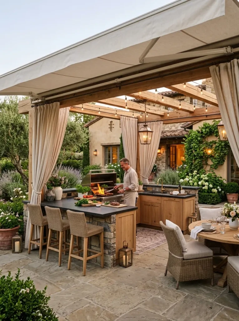 Outdoor kitchen with retractable awning and stylish shaded seating area.