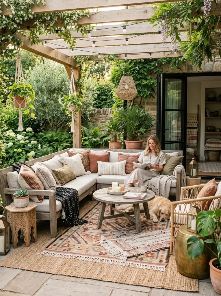 Outdoor living room with plush weather-resistant cushions and layered bohemian decor