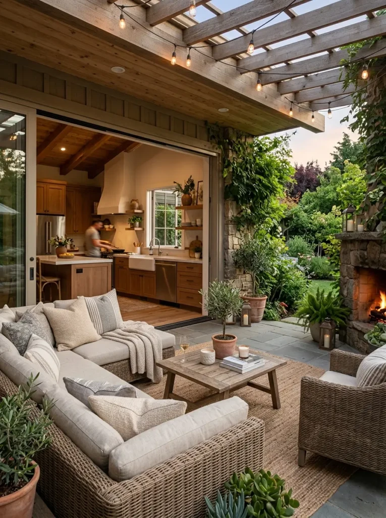 Outdoor living area with plush seating and cozy weatherproof decor.
