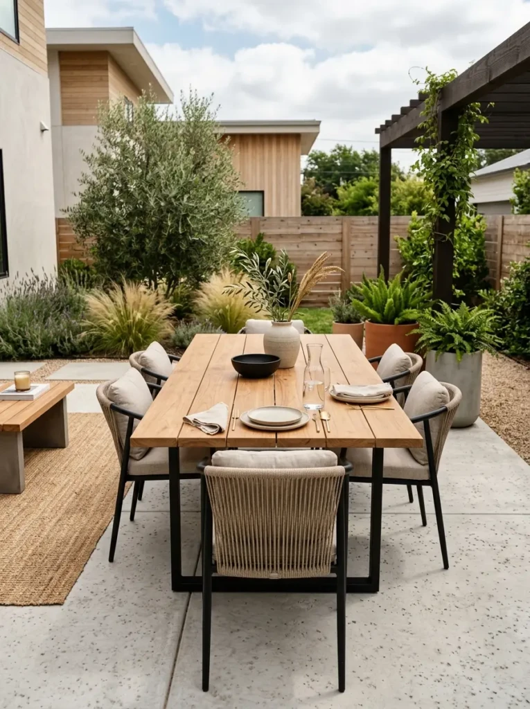 Clean minimalist patio with carefully selected decorative accessories and open surfaces.