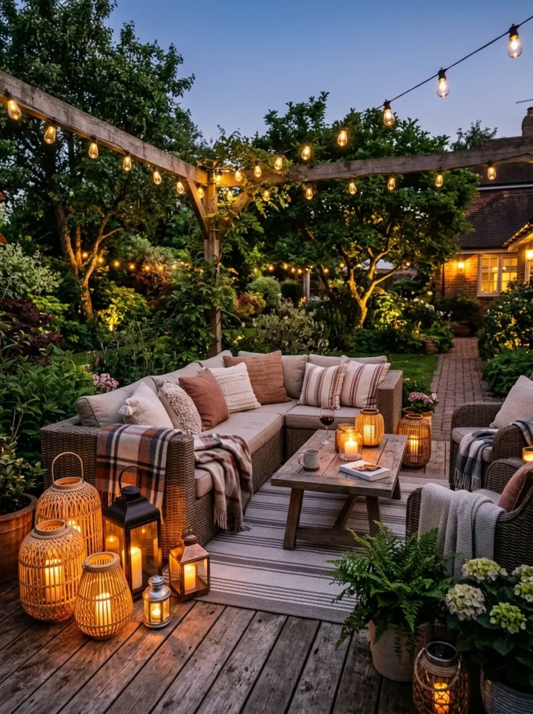 Comfortable backyard seating area decorated with glowing solar lanterns, cushions, and warm ambient lighting.