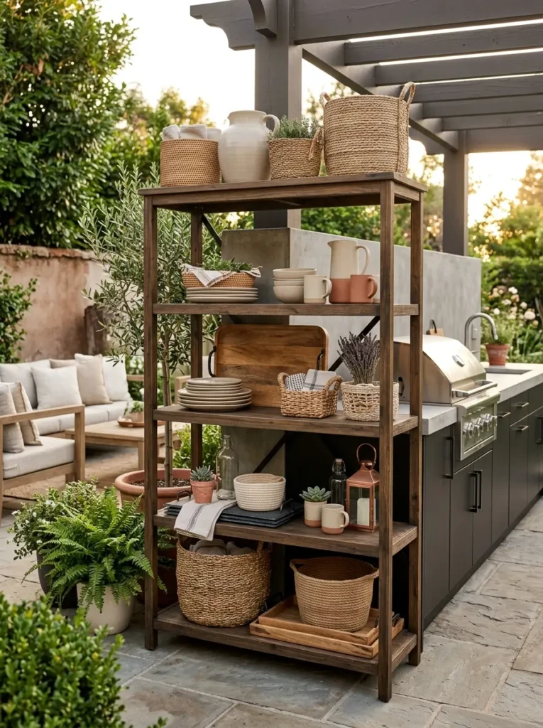 Elegant open shelves styled with ceramics, baskets, and serving pieces.