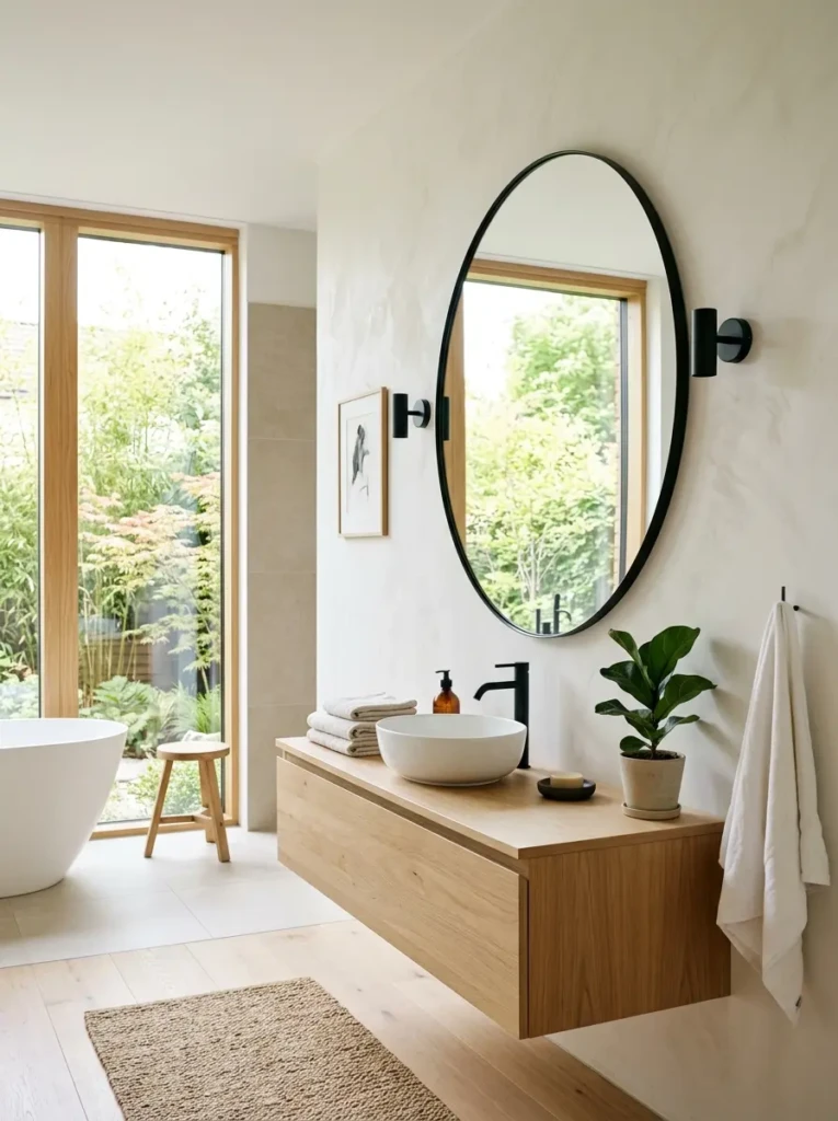 Oval mirror with thin frame reflecting natural light throughout a modern bathroom.
