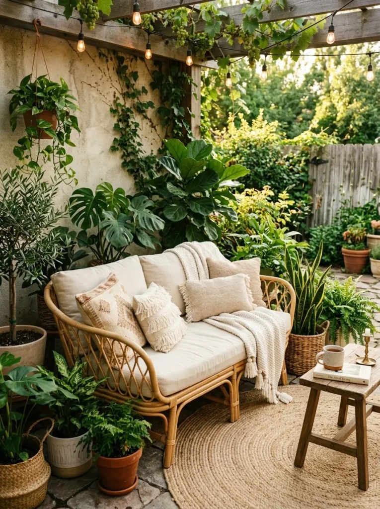 Cozy rattan loveseat with neutral cushions and greenery in a stylish boho patio corner