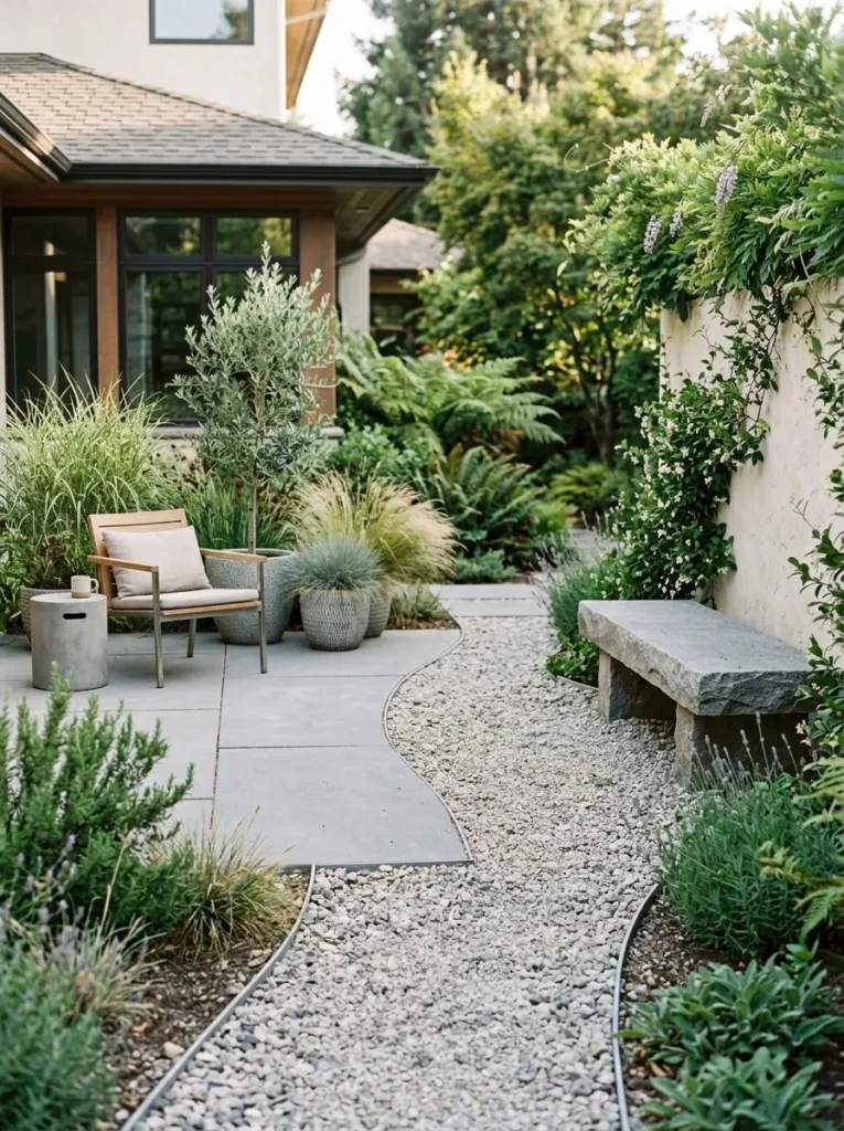 Modern outdoor patio with concrete pavers, gravel walkway, and stone bench.