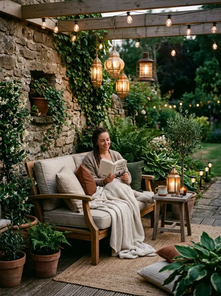 Patio reading nook with cushions, lantern lighting, and warm decorative touches.