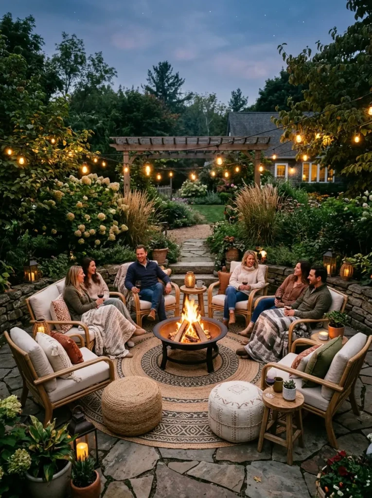 Circular boho patio seating arranged around a fire pit for social gatherings