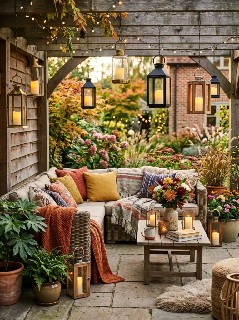 Outdoor patio featuring lanterns, cushions, flowers, and seasonal decor updates.