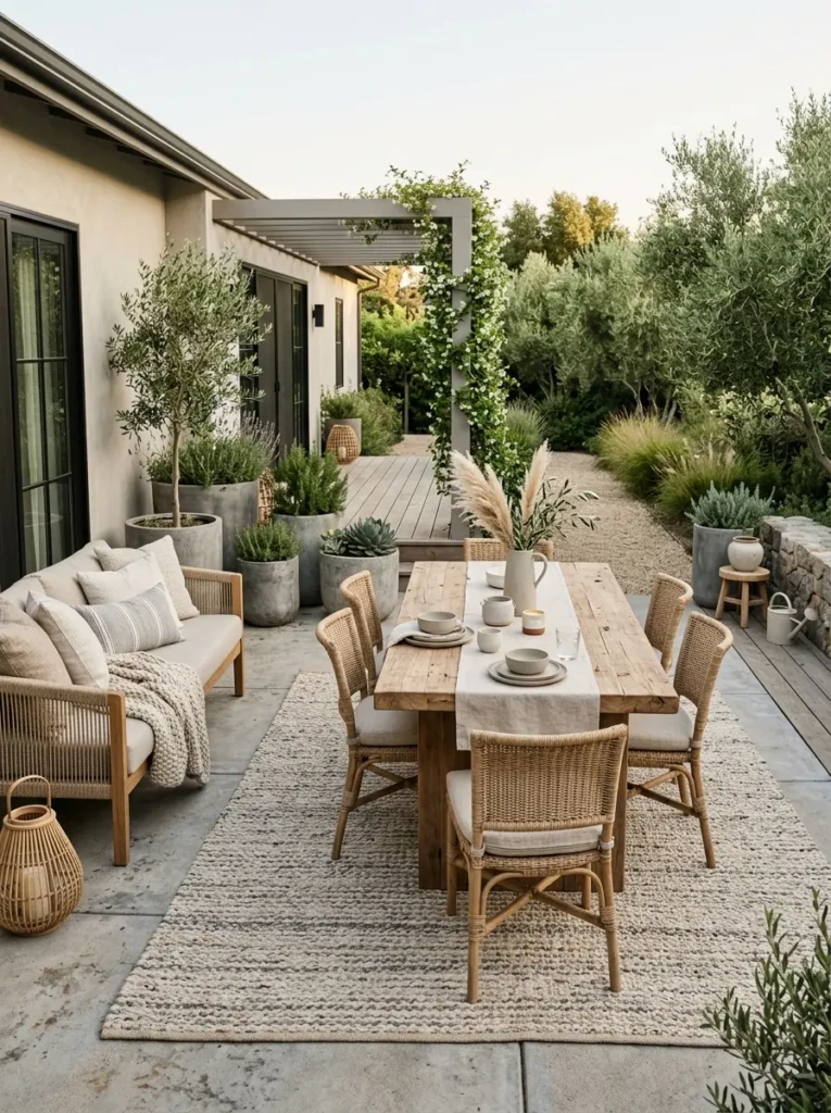 Outdoor patio featuring woven rug, linen cushions, concrete planters, and minimalist styling.