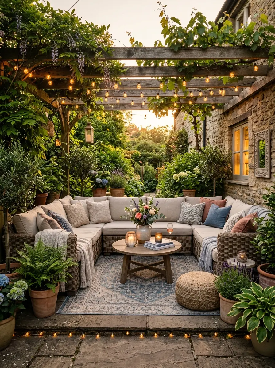Beautiful small patio with cozy seating, string lights, greenery, and stylish outdoor decor.