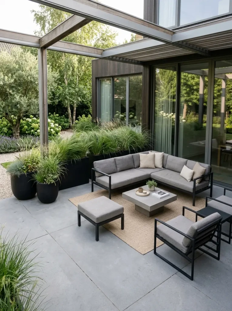 Modern minimalist patio decorated with oversized matching planters and grasses.