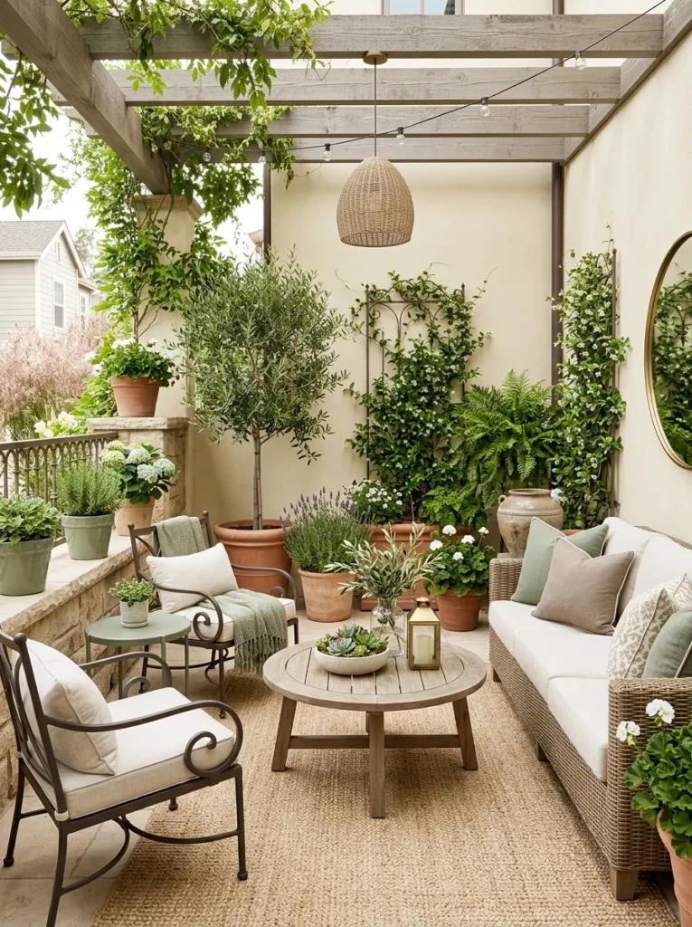 Stylish patio featuring beige, ivory, and sage green decorative elements.