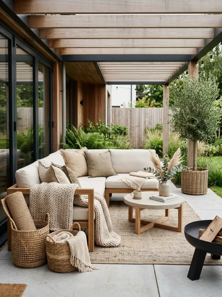 Outdoor seating area showcasing natural woven textures and elegant neutral décor.