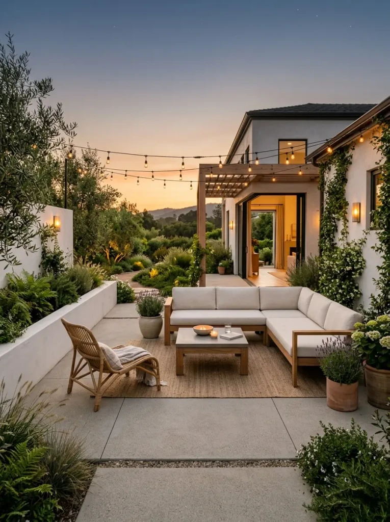 Peaceful uncluttered patio with cozy seating and elegant landscaping.