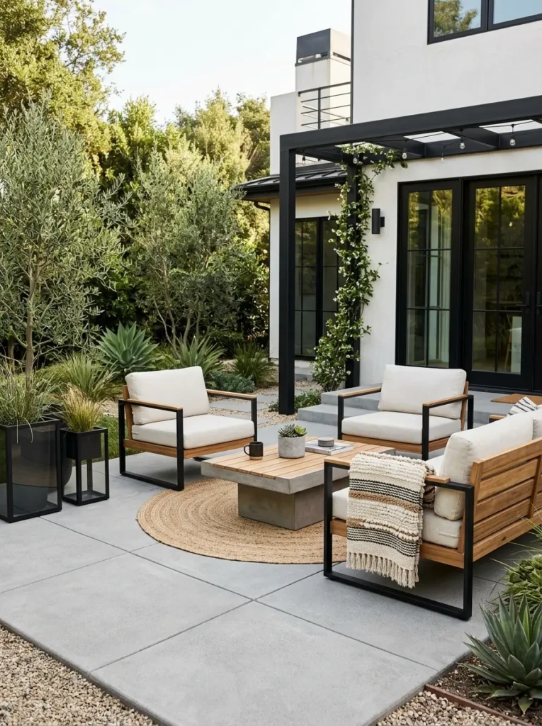 Minimalist patio combining natural wood furniture with modern concrete accents.