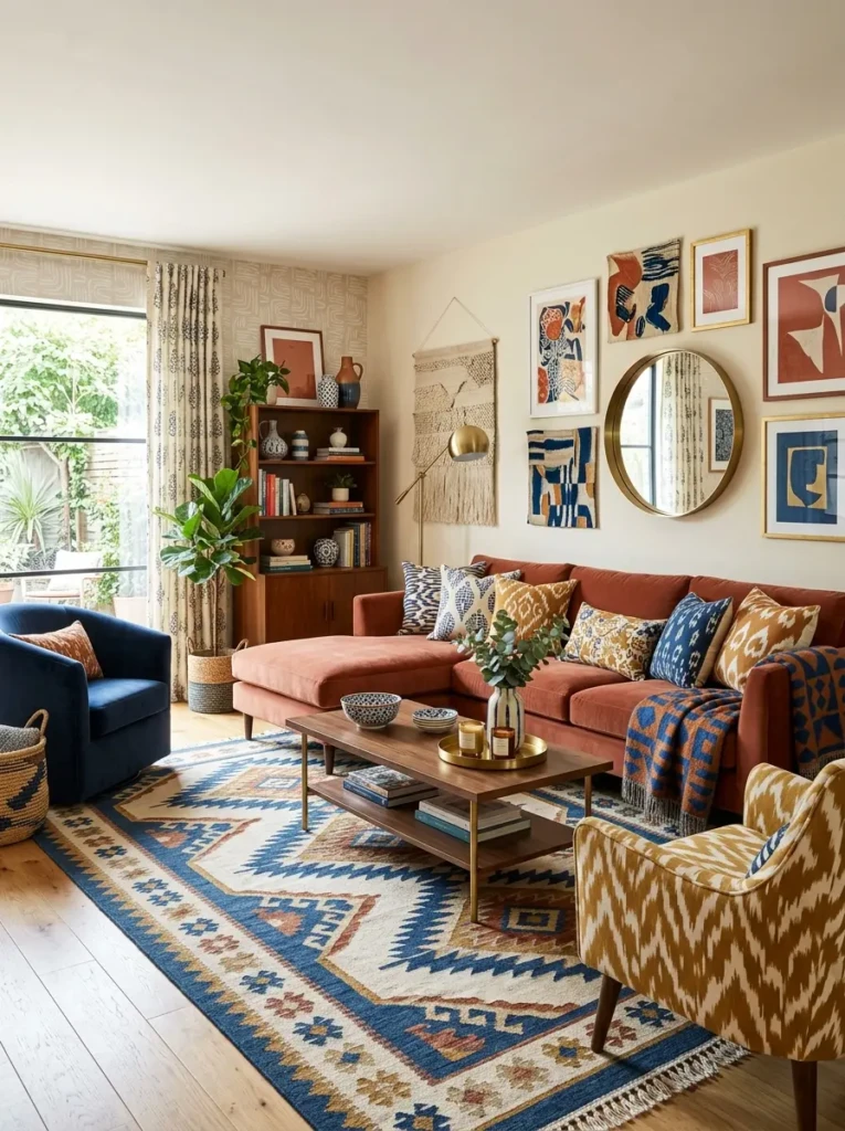 Modern living room combining multiple patterns while maintaining a cohesive color palette.