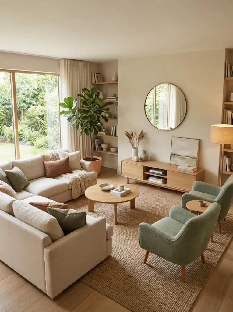 Open-concept room featuring furniture with complementary heights and scale.