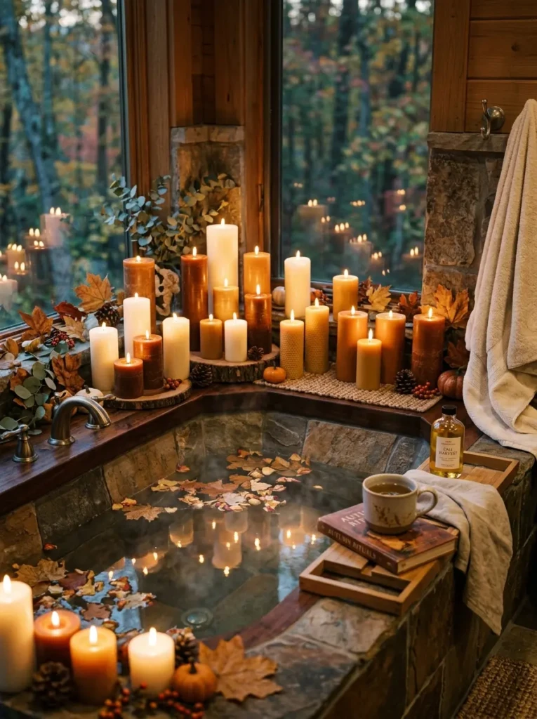 Grouped candles around a bathtub creating a luxurious spa-inspired atmosphere.