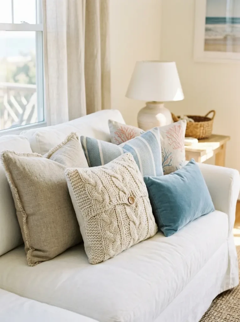 Close-up of linen, cotton, and knitted throw pillows arranged on a white coastal sofa.