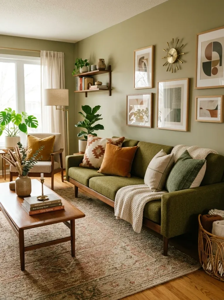 Decorative pillows and earthy tones add depth to a mid century modern interior.