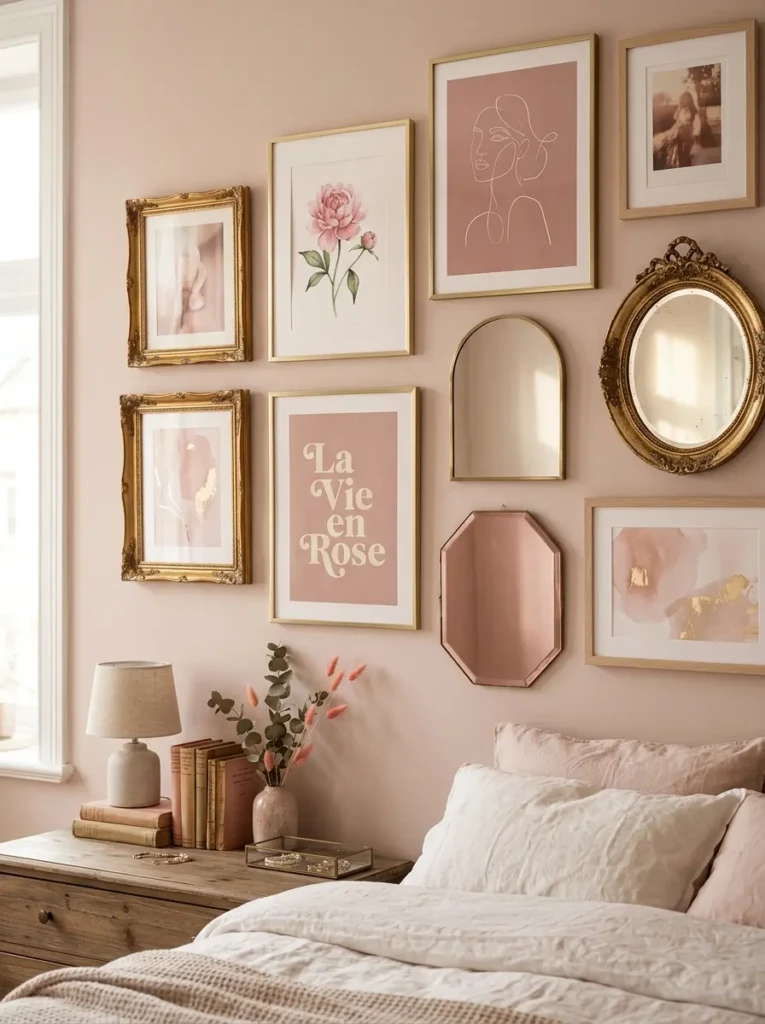 Framed prints, mirrors, and decorative art creating a stylish bedroom display