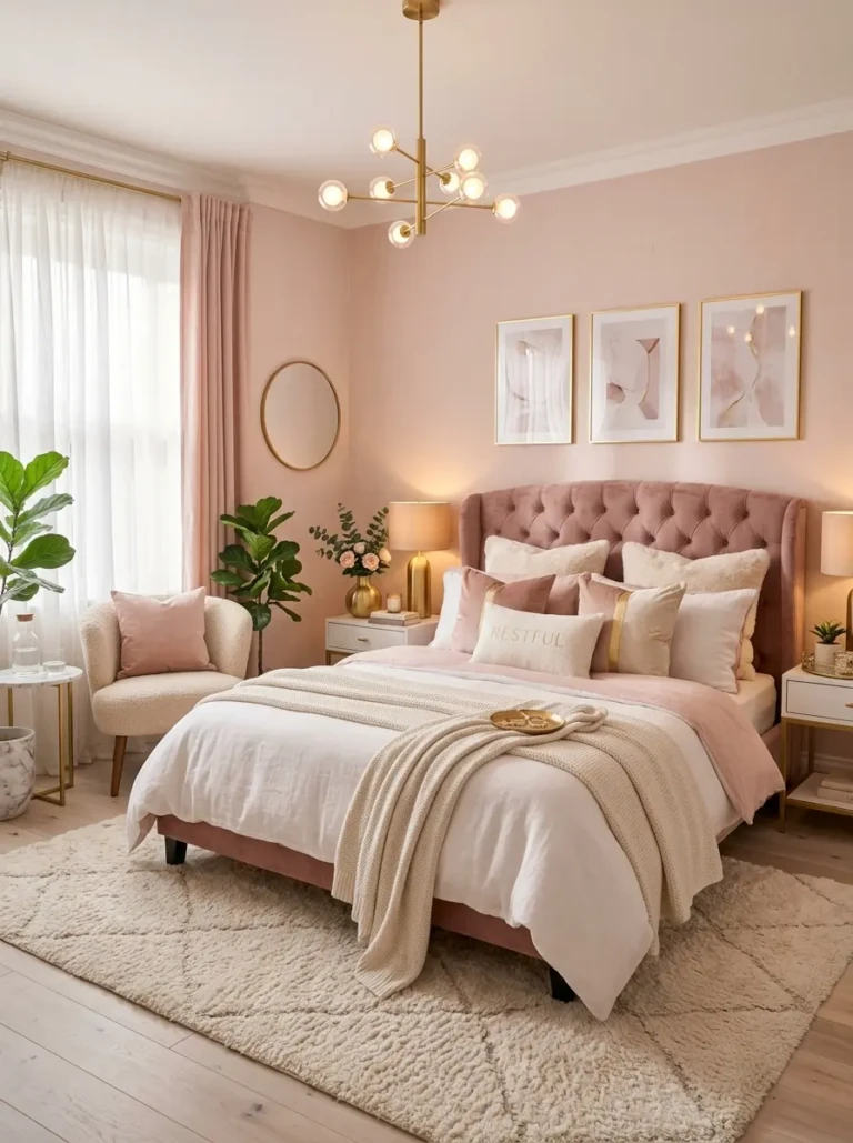 Elegant pink bedroom with blush walls, layered bedding, gold accents, and cozy lighting