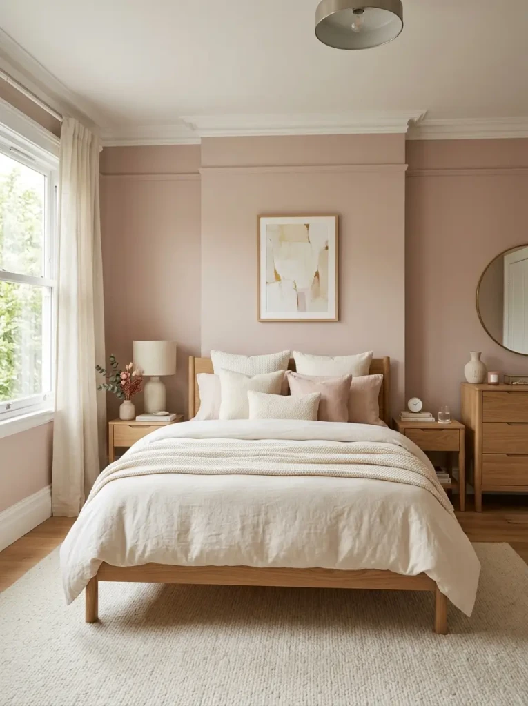 Muted pink walls paired with white trim, cream textiles, and light wood furniture