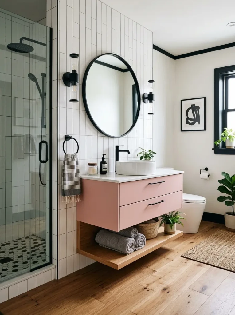 Pink vanity paired with black fixtures and wood textures