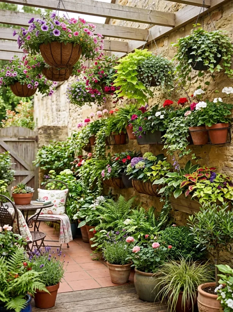 Hanging planters and wall-mounted greenery adding texture to a small patio.