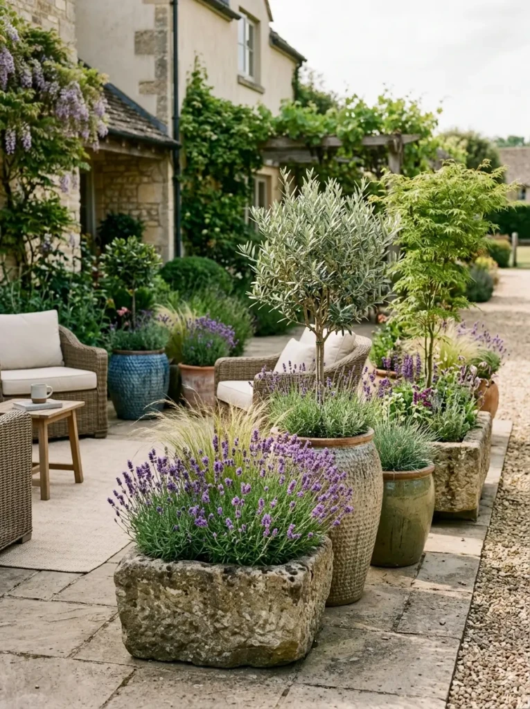 Large ceramic and stone planters filled with ornamental plants and flowers.