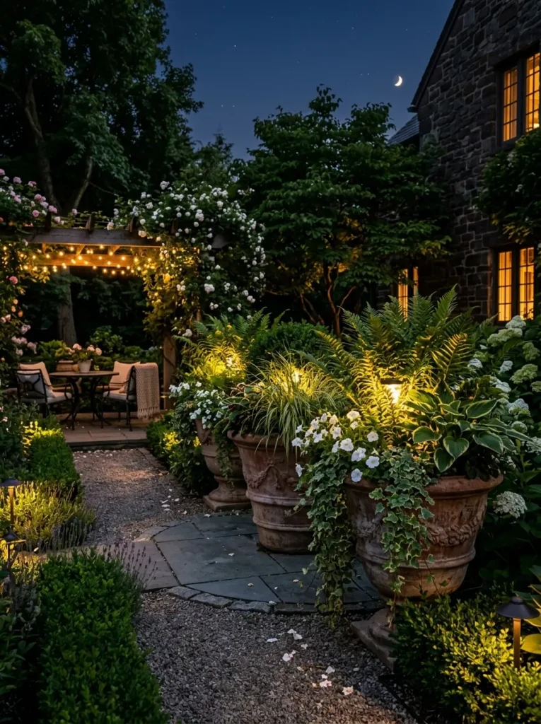 Large decorative planters glowing softly from concealed solar lights surrounded by lush greenery.