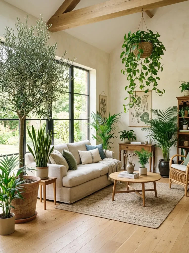 Olive tree, pothos, and palm plants arranged beautifully in a cozy living room.