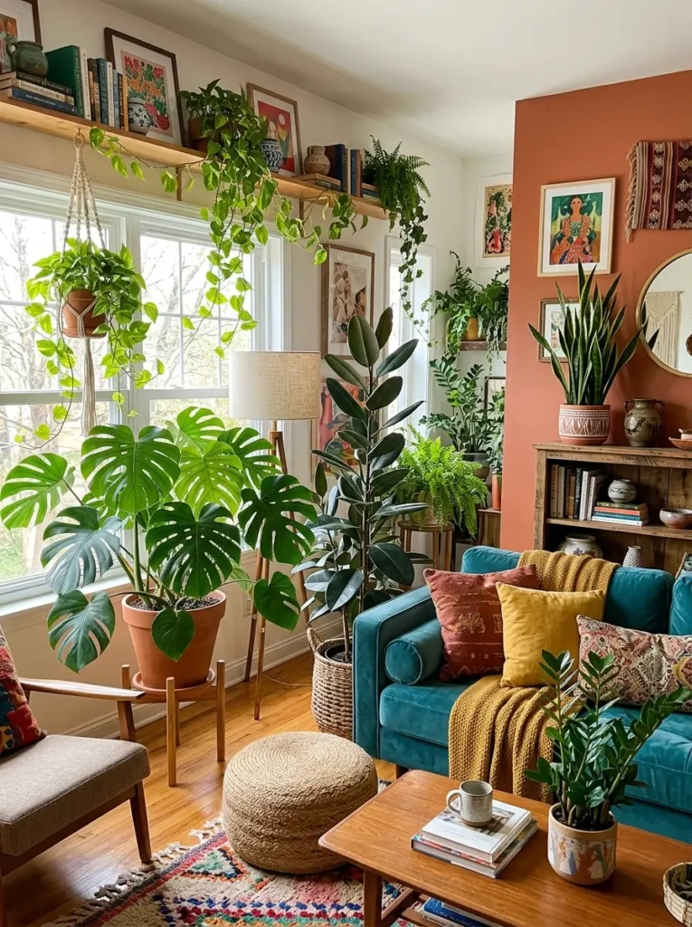 Monstera, pothos, snake plants, and rubber plants enhancing a colorful aesthetic living room.
