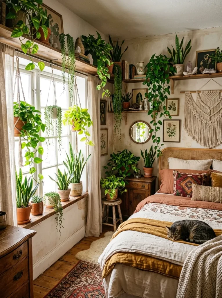 Collection of houseplants displayed throughout a stylish bohemian bedroom.